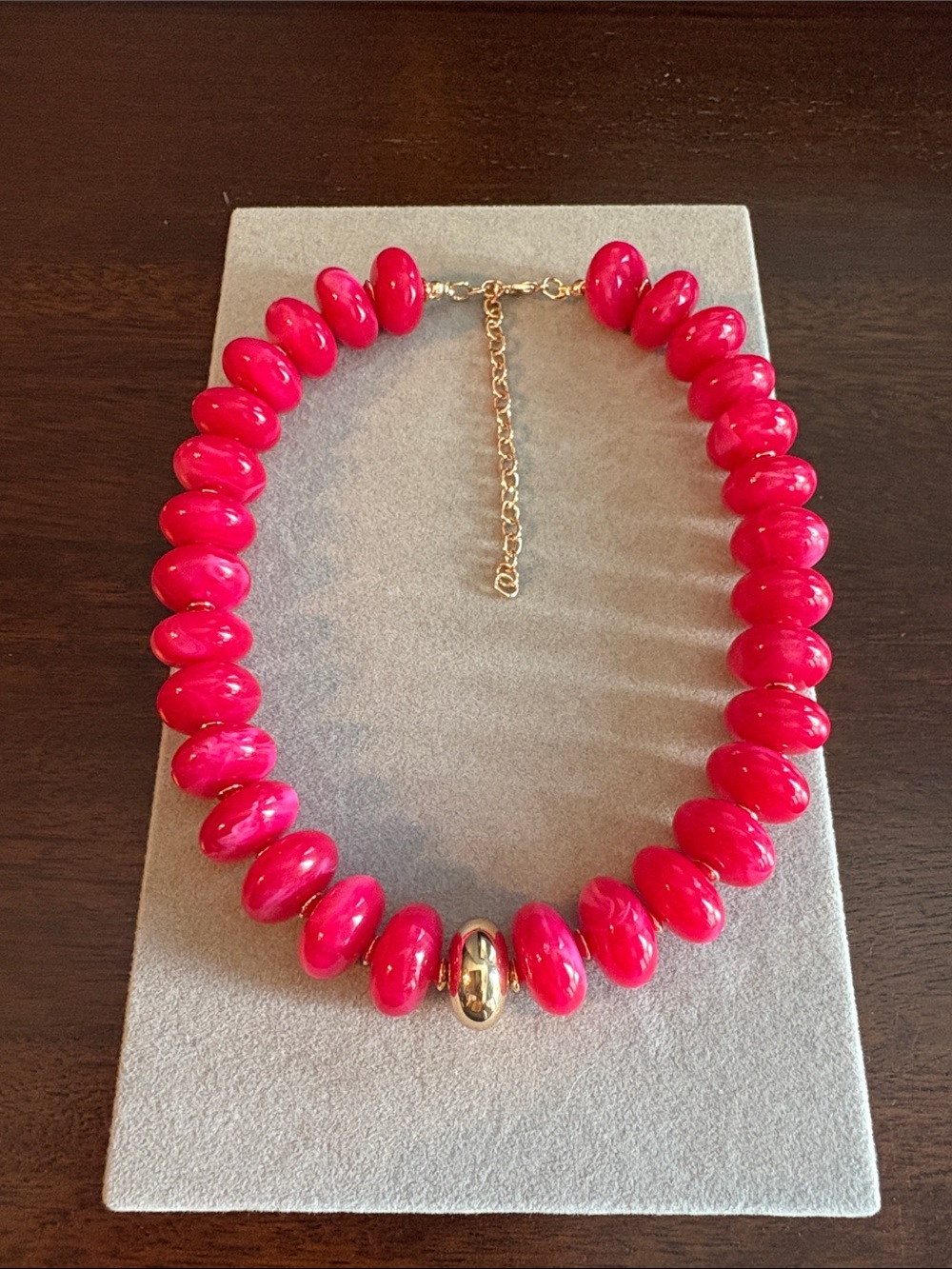 Bright Pink Beaded Statement Necklace - Gold Accent